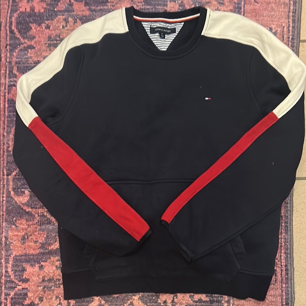 Tommy Hilfiger Men's Black Sweater with Red and Cream Stripes